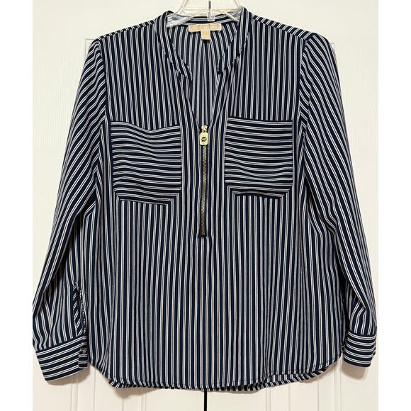 Michael Kors Blue and White Striped Blouse, Size XL - Picture 1 of 6